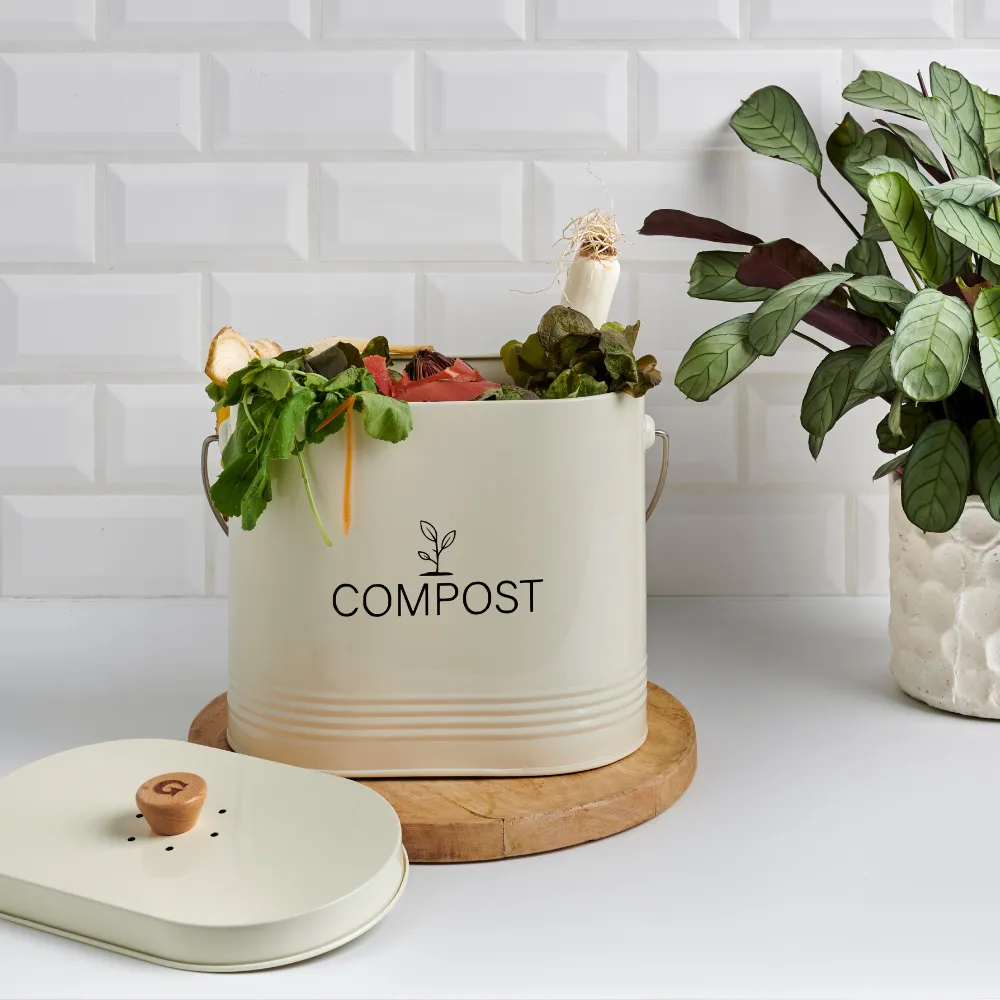 seau à compost design posé sur le plan de travail d'une cuisine rempli de légumes avec une plante verte à côté