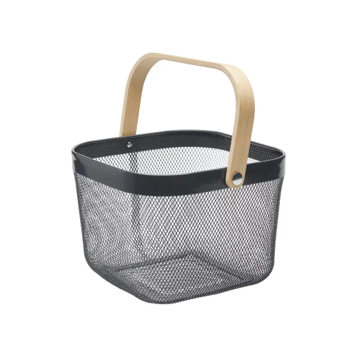 photo d'un panier métal gris de 10L avec une anse en bois sur fond blanc